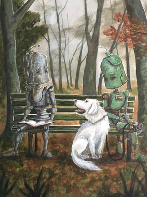 Bench Bot - Robots in Rowboats by Lauren Briere + Print on Wood Panel