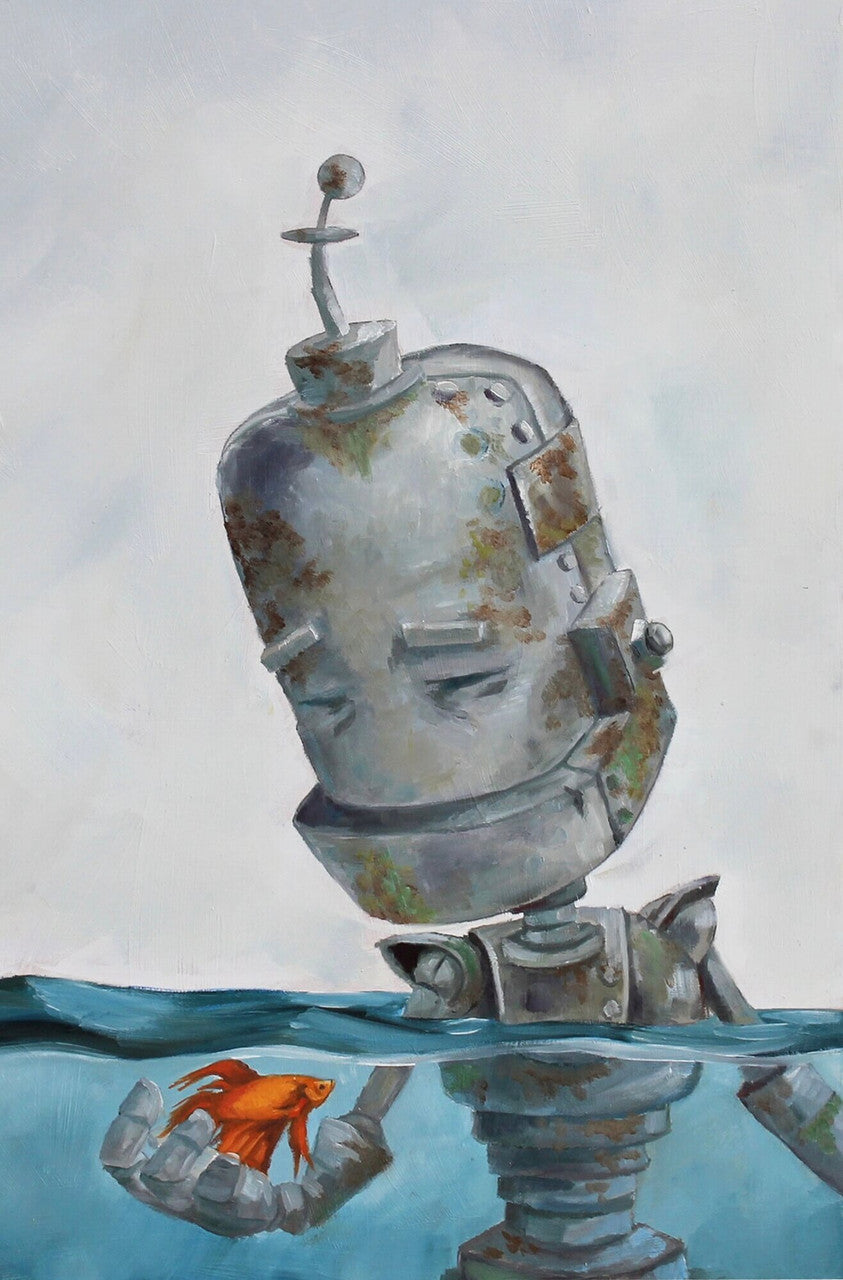 Why robots?!
"A series of oil paintings about sweet n' sad robots who experience the world in a way we take for granted" -Lauren Briere.