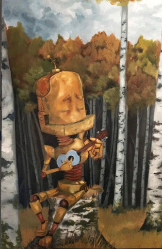 Blue Guitar Bot - Robots in Rowboats by Lauren Briere + Print on Wood Panel