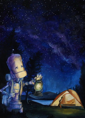 Why robots?!
"A series of oil paintings about sweet n' sad robots who experience the world in a way we take for granted" -Lauren Briere.