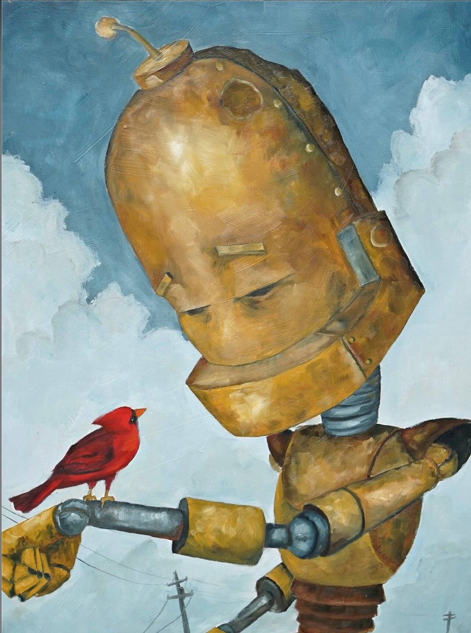 Cardinal Bot - Robots in Rowboats by Lauren Briere + Print on Wood "Brick"