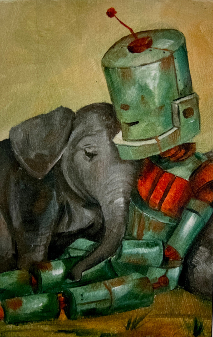 Comfort Hug Bot -Robots in Rowboats by Lauren Briere + Print on Wood "Brick"