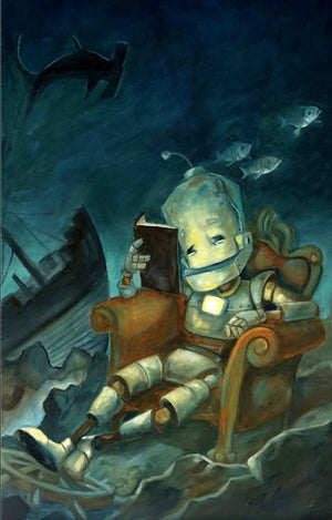 Deep Sea Reader Bot - Robots in Rowboats by Lauren Briere + Print on Large Wood "Brick"