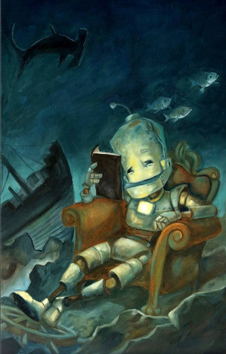 Deep Sea Reader Bot - Robots in Rowboats by Lauren Briere + Print on Large Wood Panel