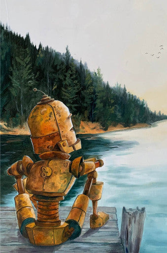 Dock o' the Bay Bot - Robots in Rowboats by Lauren Briere + Print on Wood "Brick"