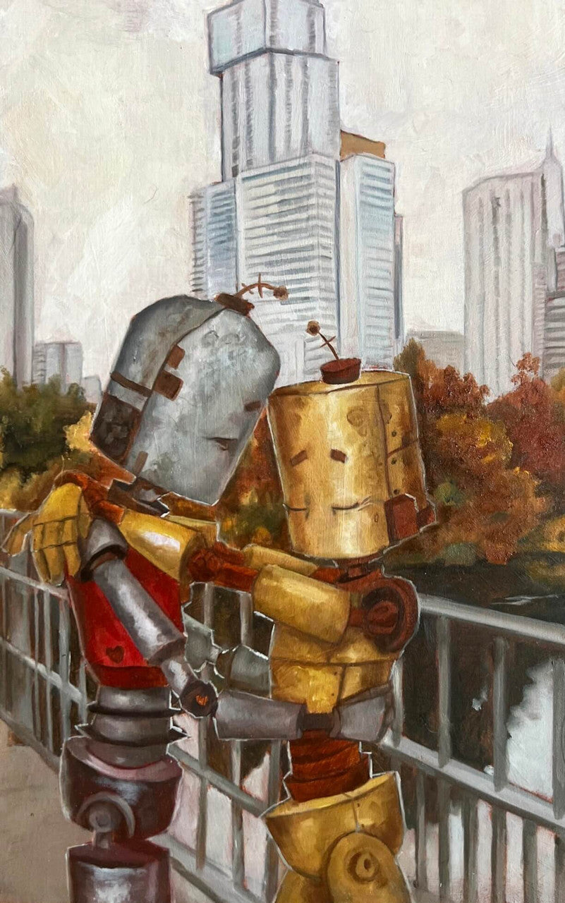 Why robots?!
"A series of oil paintings about sweet n' sad robots who experience the world in a way we take for granted" -Lauren Briere.