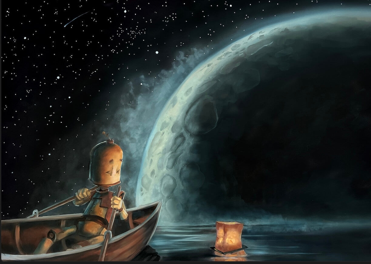 Ether Bot - Robots in Rowboats by Lauren Briere + Print on Wood "Brick"