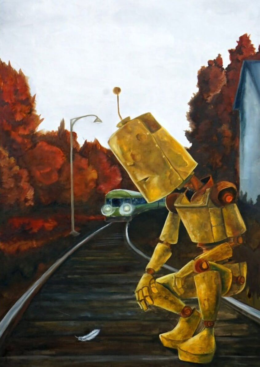 Feather Bot - Robots in Rowboats by Lauren Briere + Print on Large Wood "Brick"