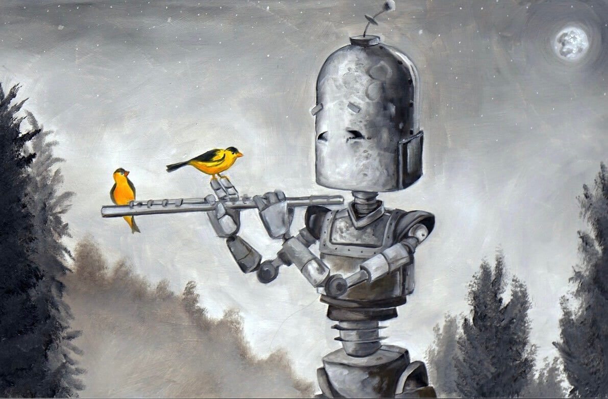 Finch Flute Bot - Robots in Rowboats by Laruen Briere + Print on Wood "Brick"