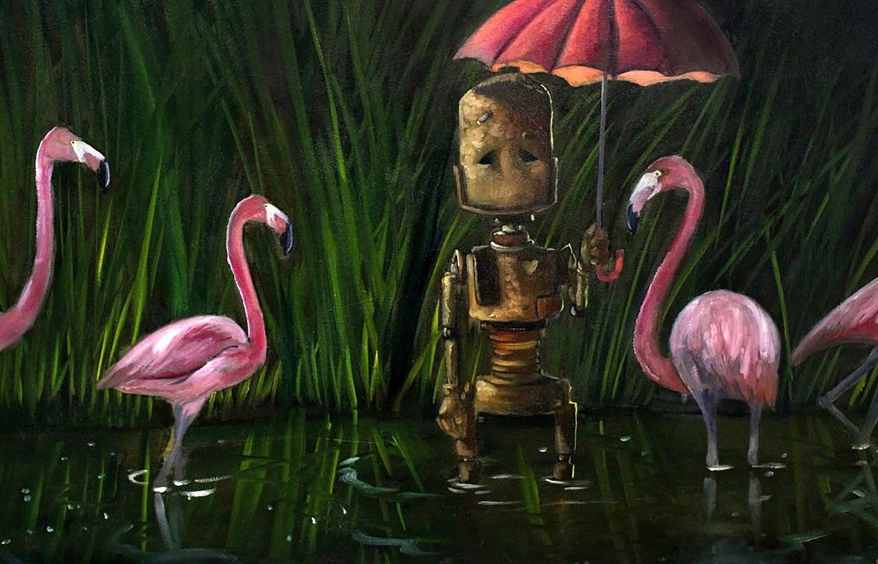 Flamingo Bot - Robots in Rowboats by Lauren Briere + Print on Wood "Brick"