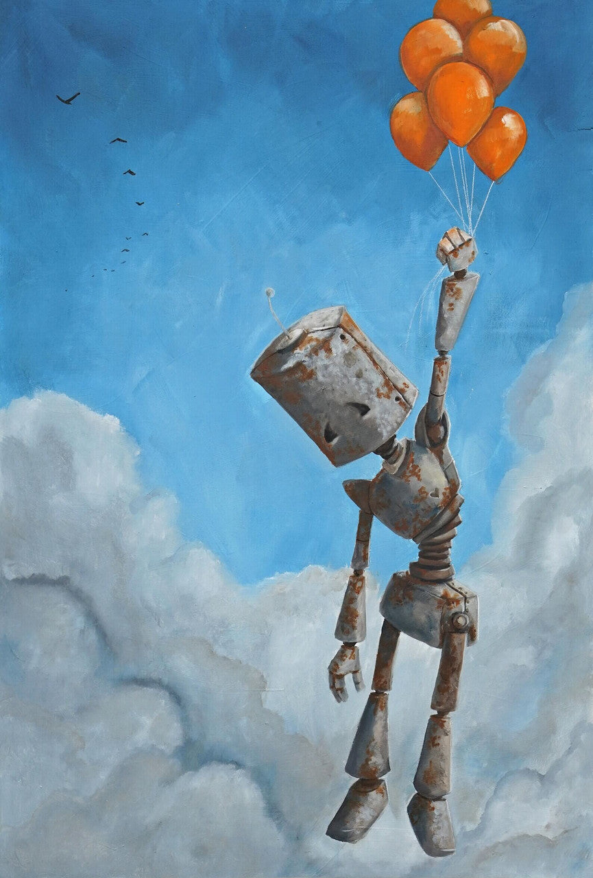 Float Away Bot - Robots in Rowboats by Lauren Briere + Print on Large Wood "Brick"