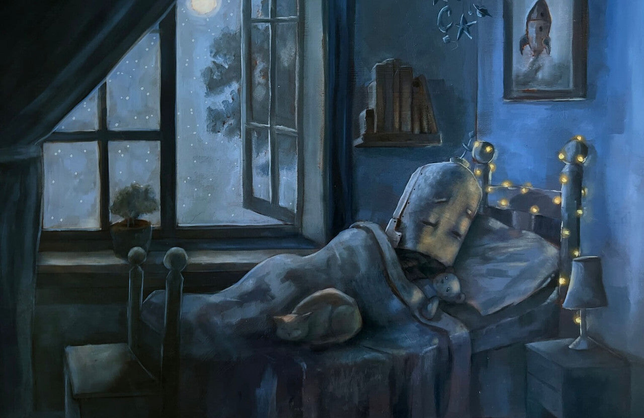 G'Night Bot - Robots in Rowboats by Lauren Briere + Print on Wood "Brick"