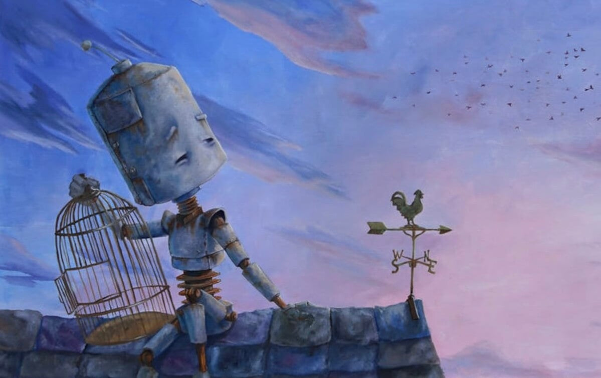 Gone Bot - Robots in Rowboats by Lauren Briere + Print on Wood "Brick"