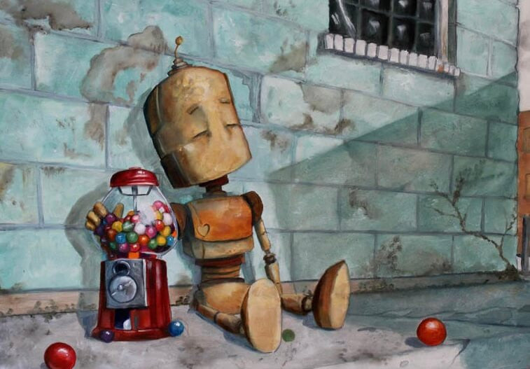 Why robots?!
"A series of oil paintings about sweet n' sad robots who experience the world in a way we take for granted" -Lauren Briere.