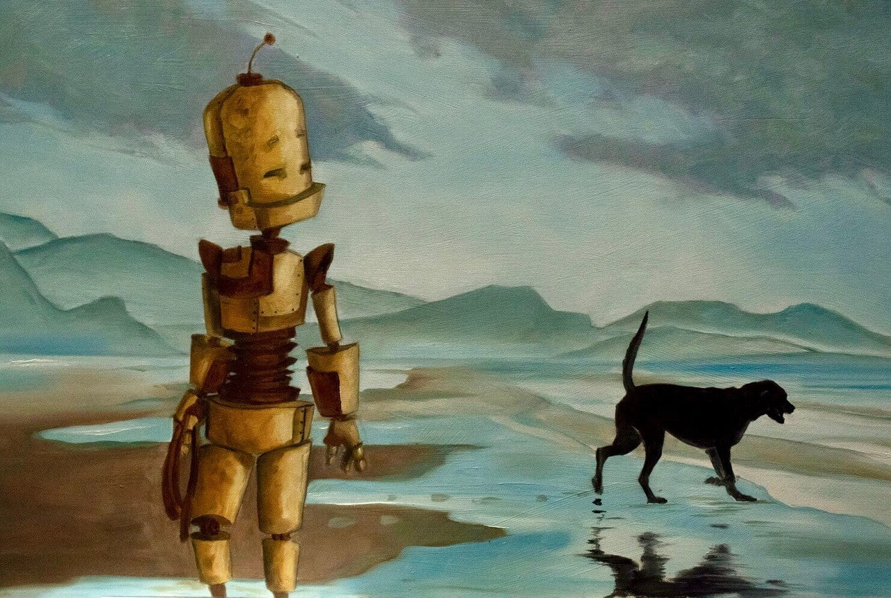 Happy Place Bot - Robots in Rowboats by Lauren Briere + Print on Wood "Brick"