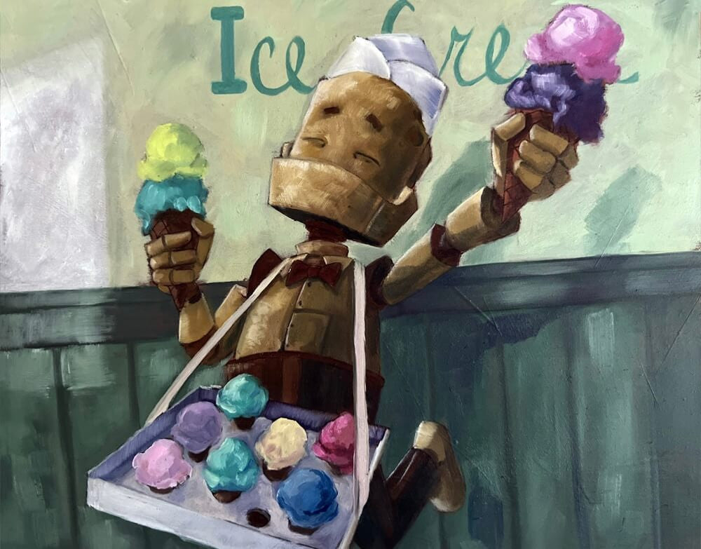 Ice Cream Inventor Bot - Robots in Rowboats by Lauren Briere + Print on  Wood "Brick"