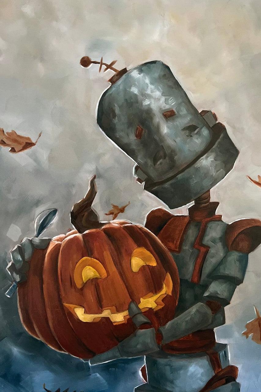 Jack-O-Lantern Bot - Robots in Rowboats by Lauren Briere + Print on Wood "Brick"