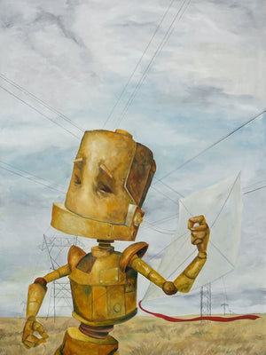 Kite Flyer Bot - Robots in Rowboats by Lauren Briere + Print on Wood "Brick"