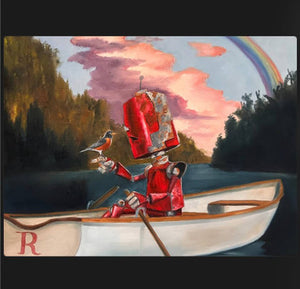 Robin Bot - Robots in Rowboats by Lauren Briere + Print On Wood "Brick"