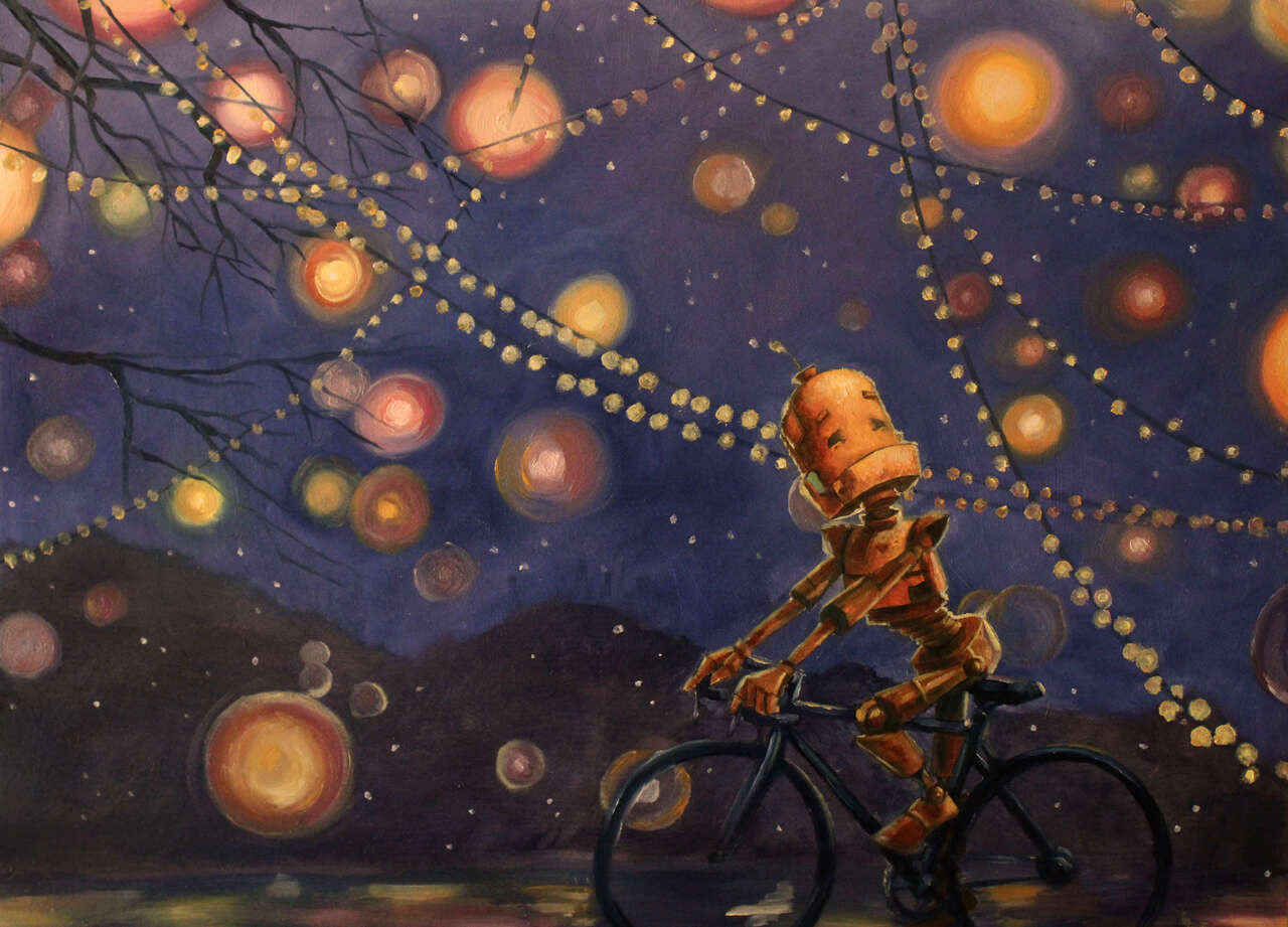 Twinkle Bicycle Bot - Robots in Rowboats by Lauren Briere + Print on Wood "Brick"