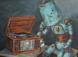 Listening Bot - Robots in Rowboats by Lauren Briere + Print on Large Wood "Brick"