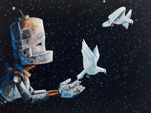 Why robots?!
"A series of oil paintings about sweet n' sad robots who experience the world in a way we take for granted" -Lauren Briere.