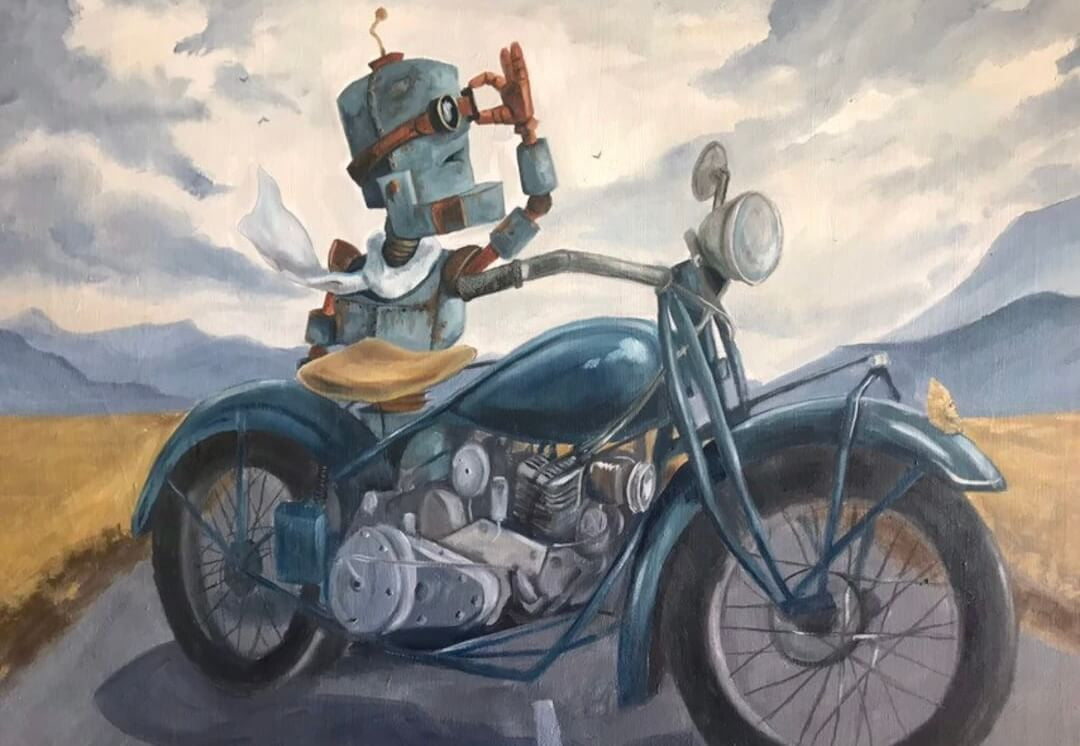 Moto Bot - Robots in Rowboats by Lauren Briere + Print on Wood Panel