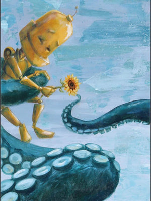 Octo Sunflower Bot - Robots in Rowboats by Lauren Briere + Print on Wood Panel