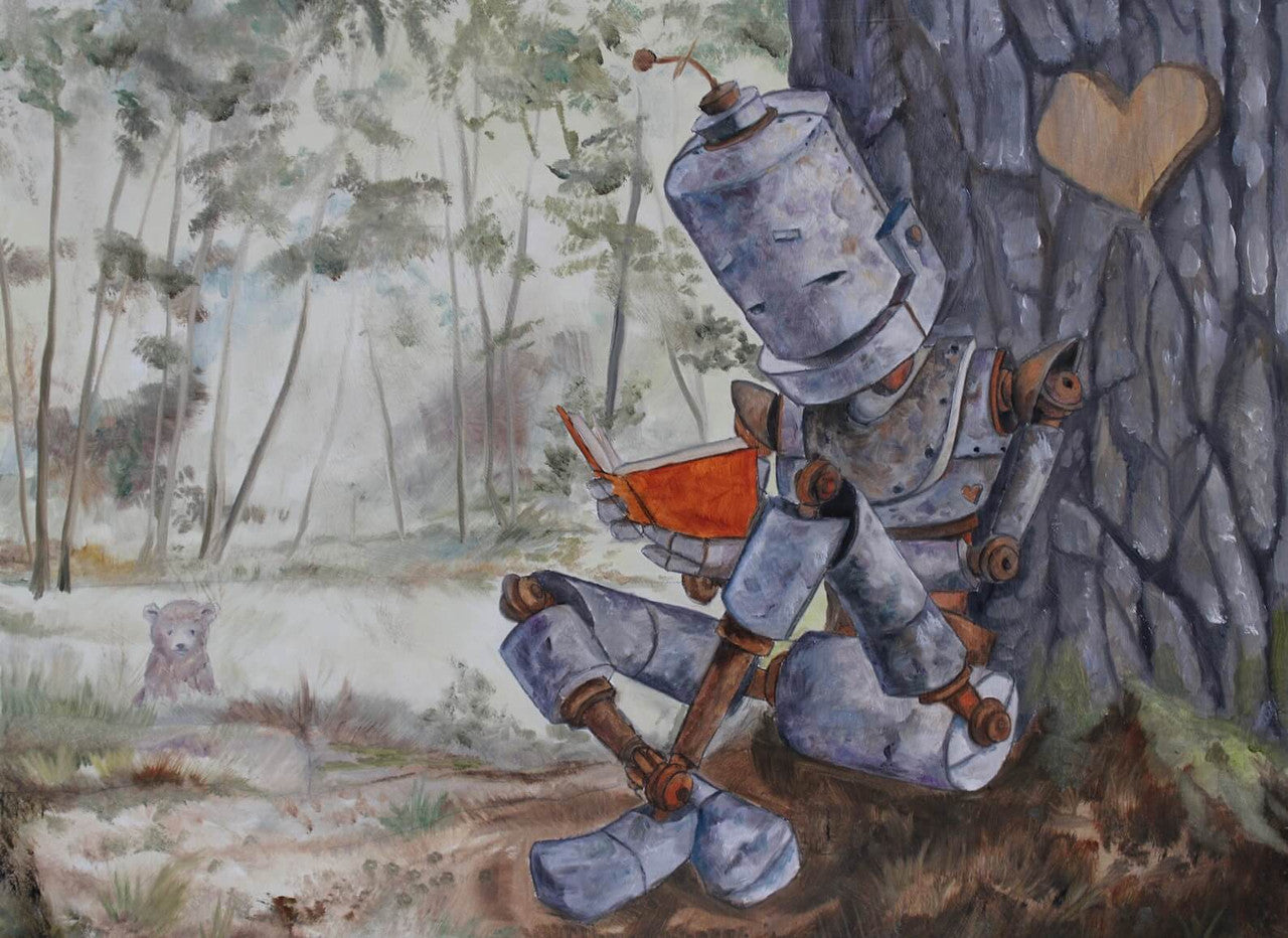 Off On An Adventure Bot - Robots in Rowboats by Lauren Briere + Print on Large Wood "Brick"