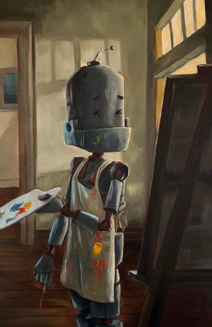 Painter Bot - Robots in Rowboats by Lauren Briere + Print on Wood "Brick"