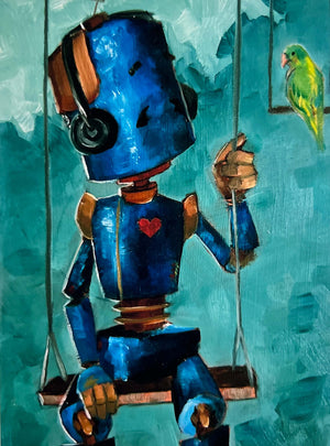 Why robots?!
"A series of oil paintings about sweet n' sad robots who experience the world in a way we take for granted" -Lauren Briere.