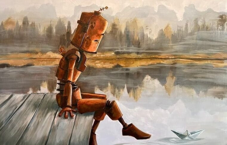 Pond Bot - Robots in Rowboats by Lauren Briere + Print on Wood "Brick"
