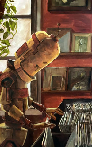 Record Shop Bot - Robots in Rowboats by Lauren Briere + Print on Wood Panel