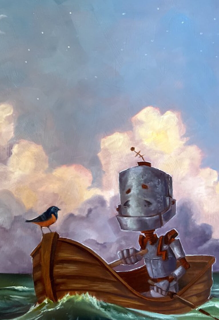 Return Bot - Robots in Rowboats by Lauren Briere + Print on Wood "Brick"