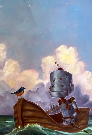 Return Bot - Robots in Rowboats by Lauren Briere + Print on Wood Panel