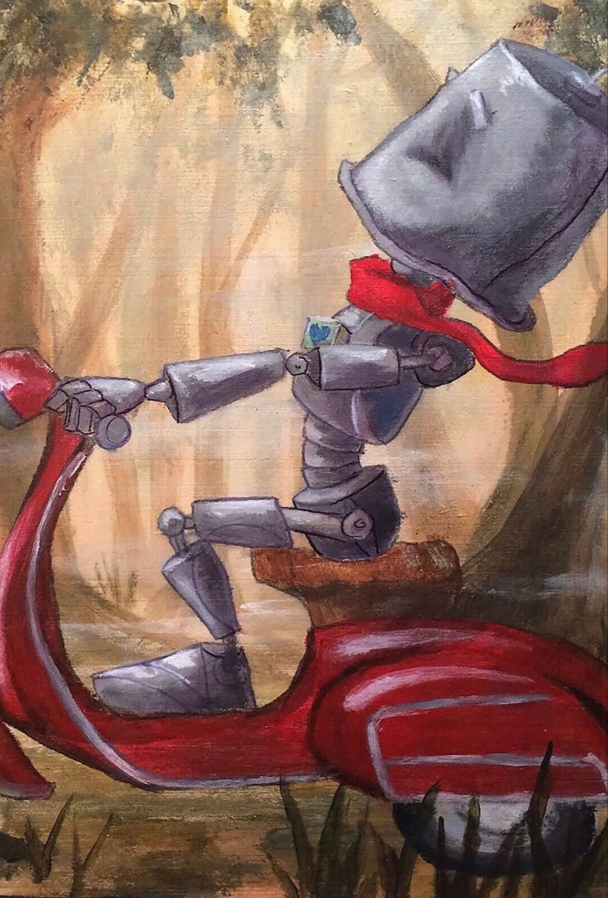 Scoot Bot - Robots in Rowboats by Lauren Briere + Print on Wood "Brick"