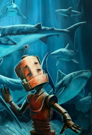 Shiver of Sharks  Bot - Robots in Rowboats by Lauren Briere + Print on Wood "Brick"