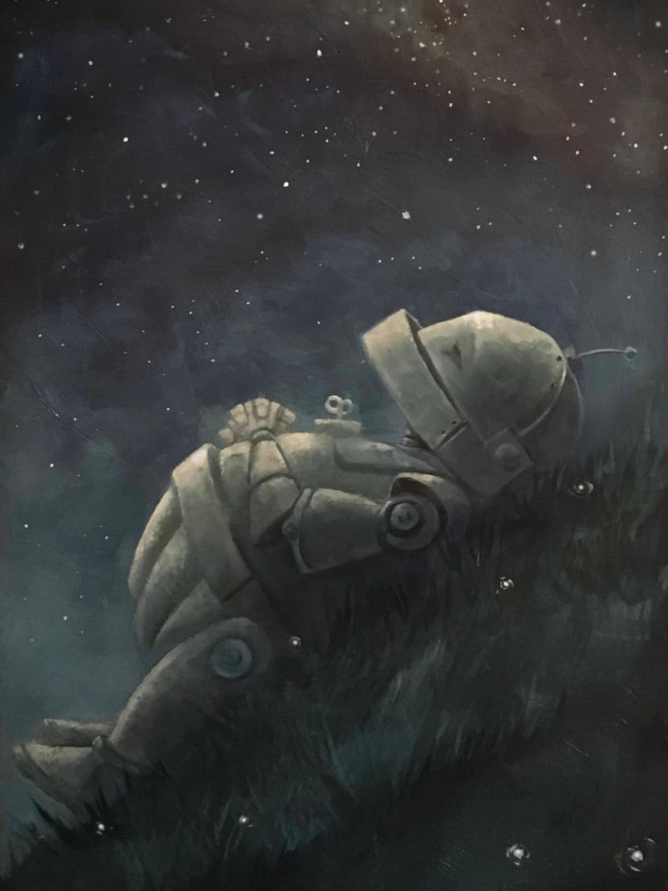 Starry Hillside Bot - Robots in Rowboats by Lauren Briere + Print on Large Wood Panel