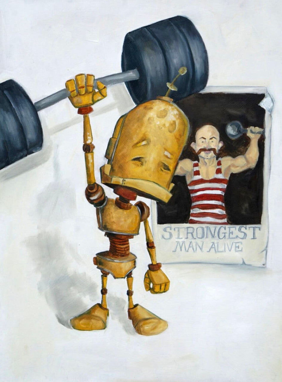 Strong Bot - Robots in Rowboats by Lauren Briere + Print on Wood Panel