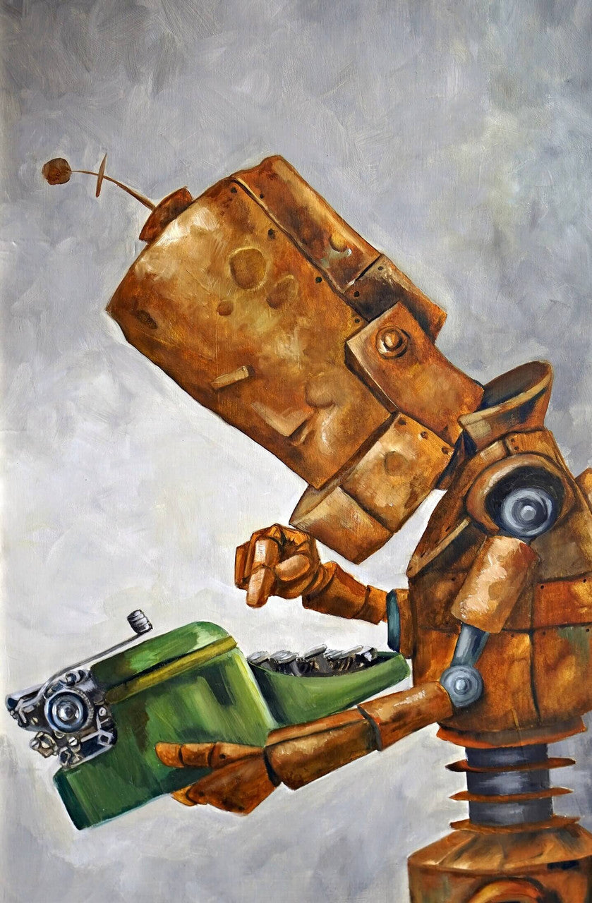 Typewriter Bot -Robots in Rowboats by Lauren Briere + Print on Wood "Brick"