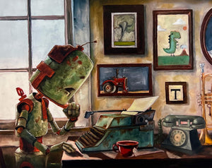 Typist Bot - Robots in Rowboats by Lauren Briere + Print on Wood "Brick"