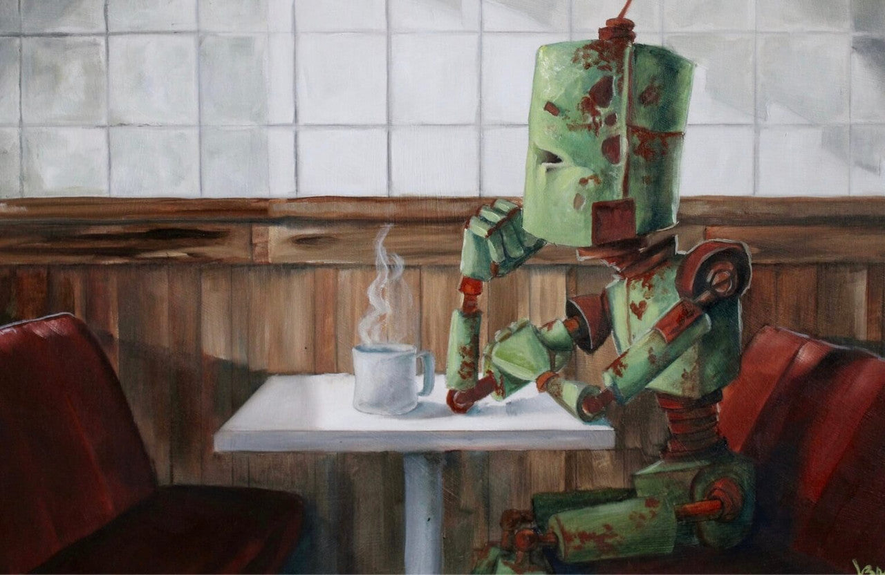 Why robots?!
"A series of oil paintings about sweet n' sad robots who experience the world in a way we take for granted" -Lauren Briere.