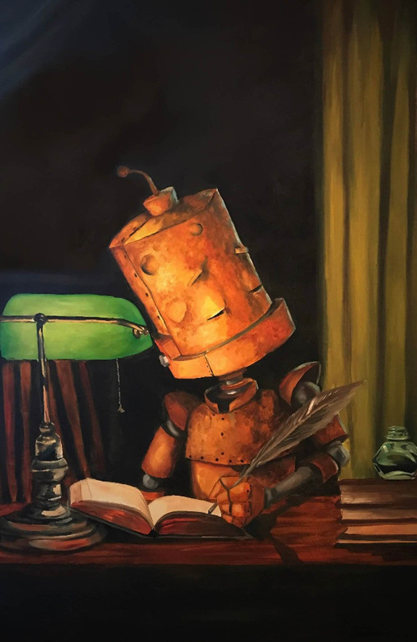 Writer Bot - Robots in Rowboats by Lauren Briere - Print on Wood "Brick"