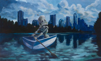 Austin Bot - Robots in Rowboats by Lauren Briere + Print on Wood Panel