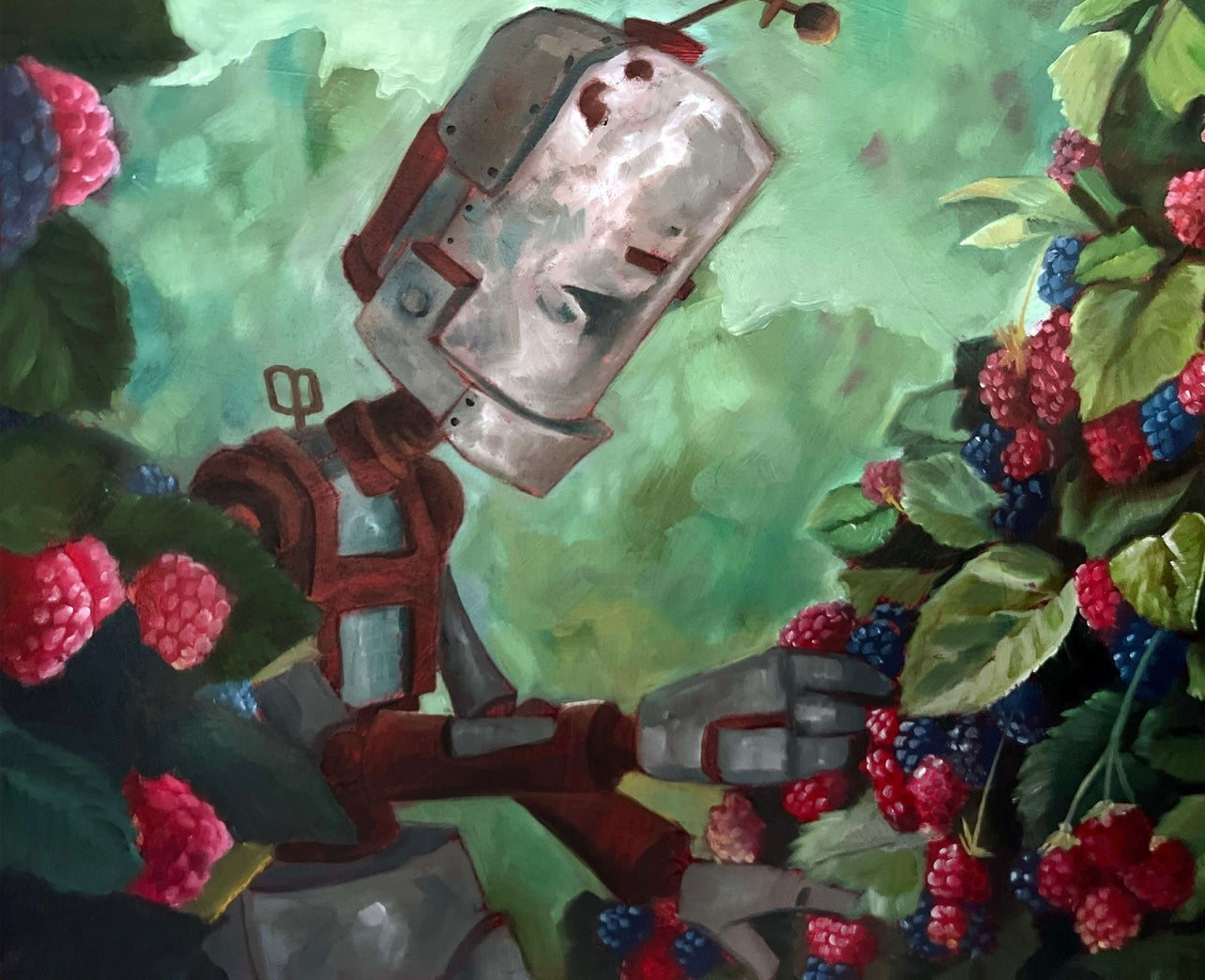 Berry Bot - Robots in Rowboats by Lauren Briere + Print on Wood "Brick"