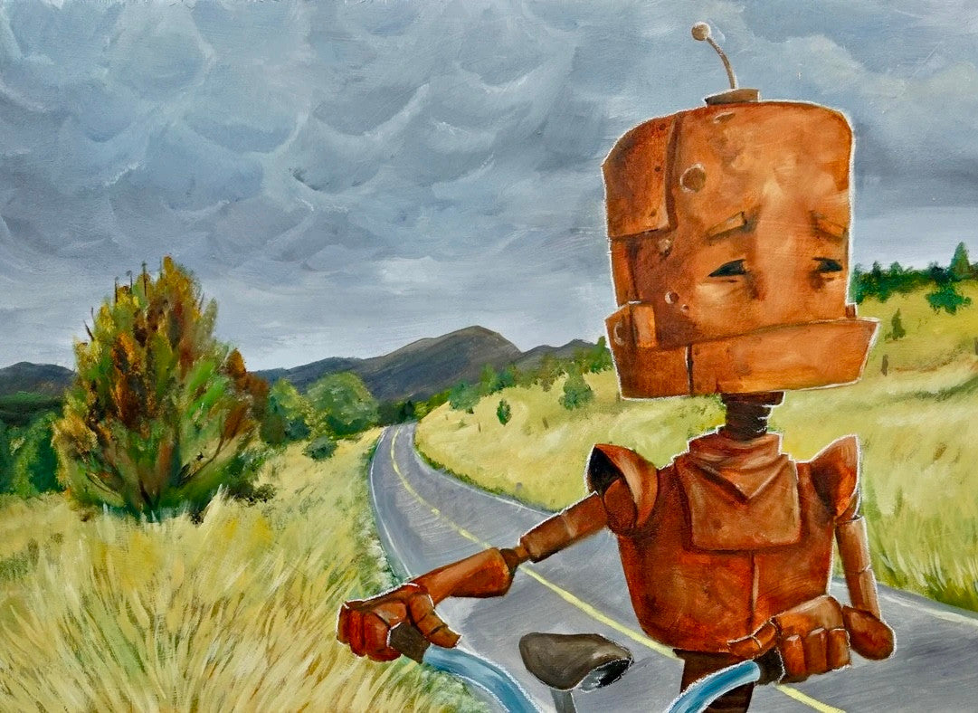 Why robots?!
"A series of oil paintings about sweet n' sad robots who experience the world in a way we take for granted" -Lauren Briere.