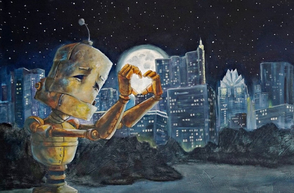 Why robots?!
"A series of oil paintings about sweet n' sad robots who experience the world in a way we take for granted" -Lauren Briere.