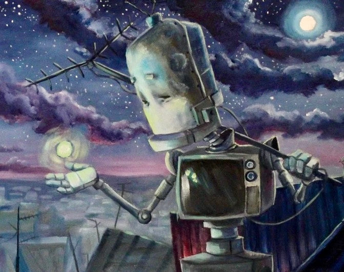 Why robots?!
"A series of oil paintings about sweet n' sad robots who experience the world in a way we take for granted" -Lauren Briere.