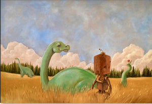 Dino Bot - Robots in Rowboats by Lauren Briere + Print on Wood "Brick"