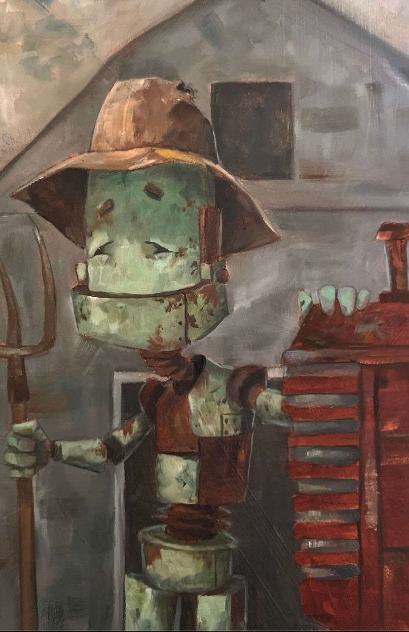 Why robots?!
"A series of oil paintings about sweet n' sad robots who experience the world in a way we take for granted" -Lauren Briere.